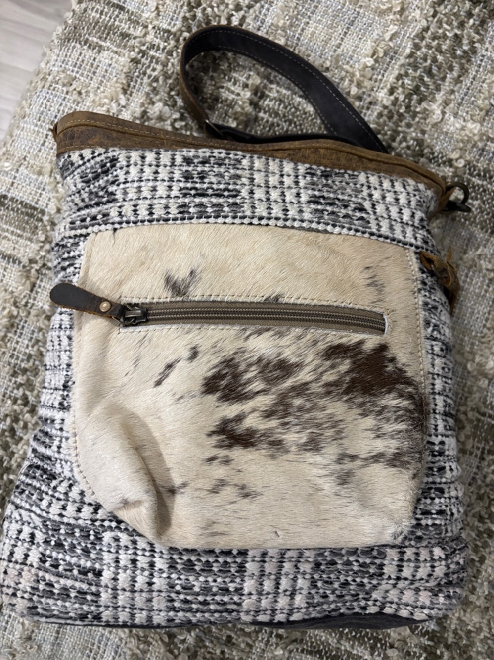 Myra Bag Woven Pattern Crossbody Bag with Cowhide Front Pocket - Picture 16 of 16